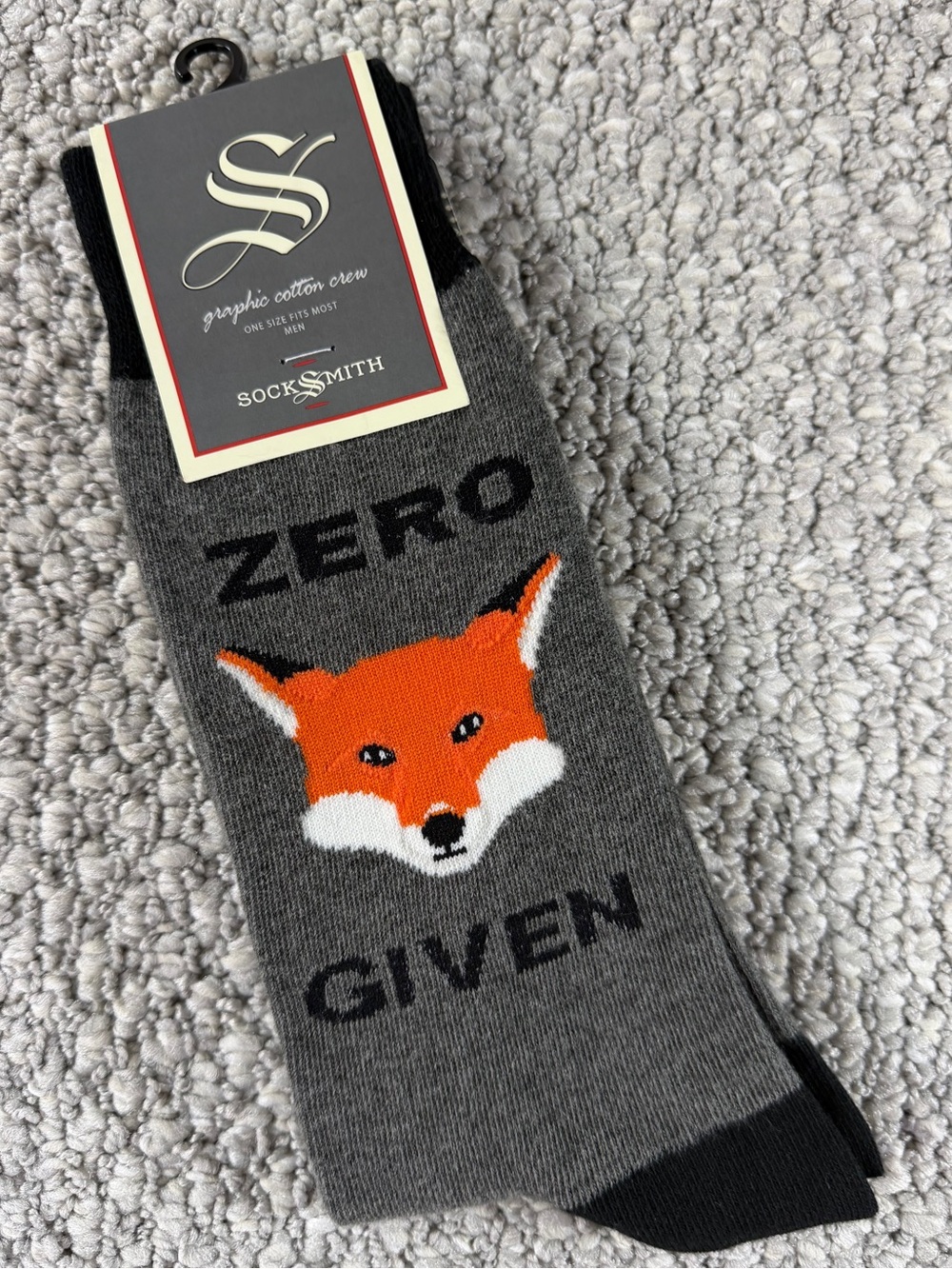 Funny Socks by SockSmith “Zero FOX Given” Gray Black Orange Men’s Size 10-13